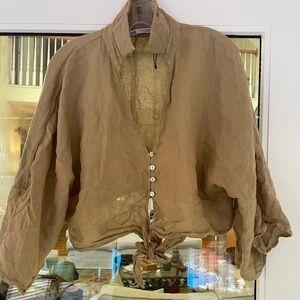 Zara Tan Button-Up 100% Linen Blouse, Sz. M
